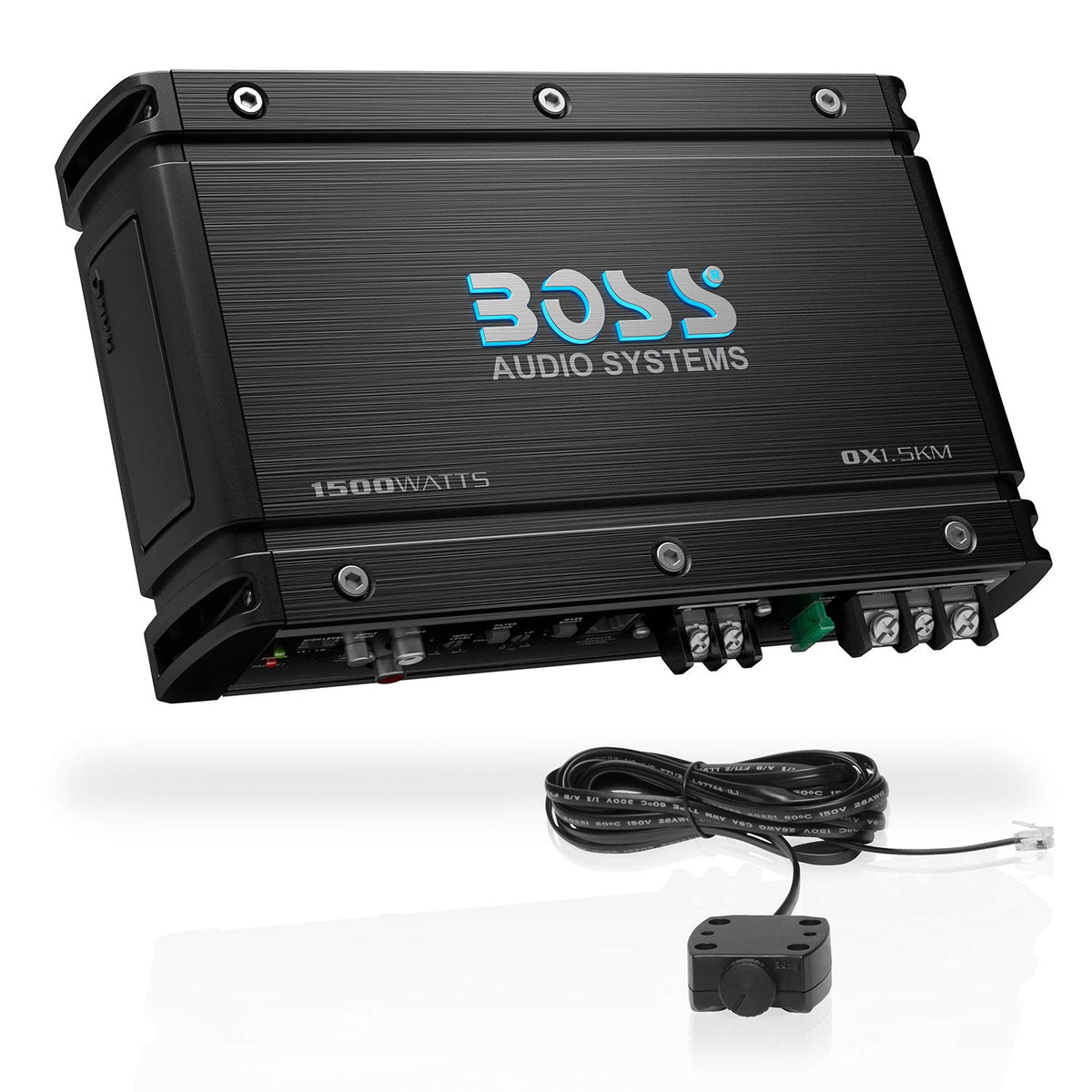 BOSS Audio OX1.5KM front view showing compact monoblock design for car subwoofers