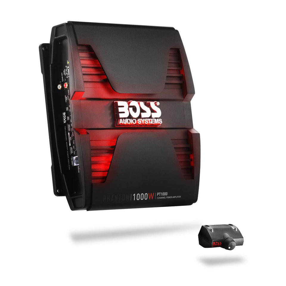 BOSS Audio PT1000 front panel displaying robust 2-channel amplifier