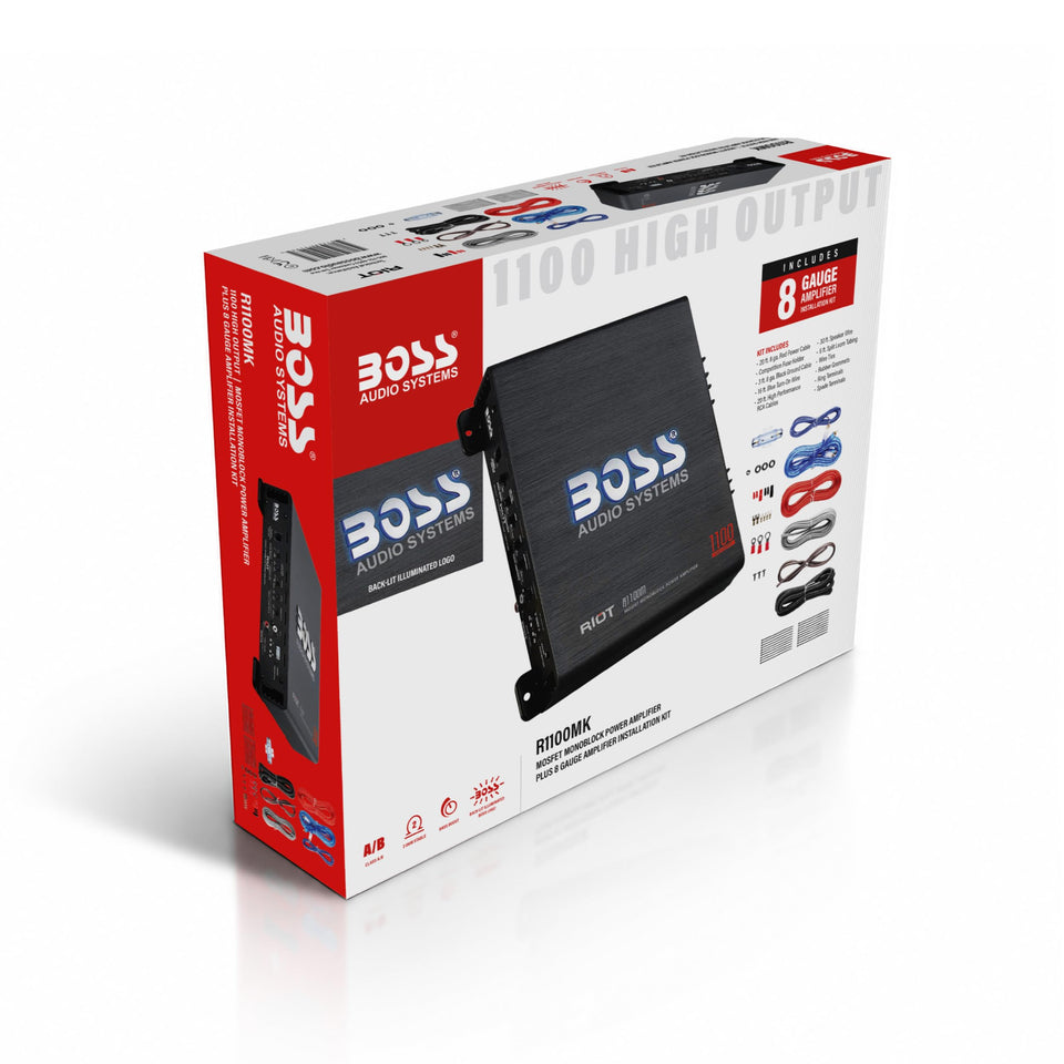 BOSS Audio R1100MK front view, compact monoblock design for clean under-dash installation.