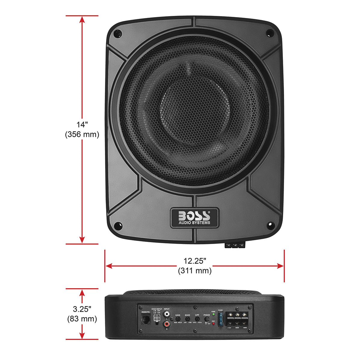 Boss Audio BAB10 low-level inputs link to source units via RCA cables