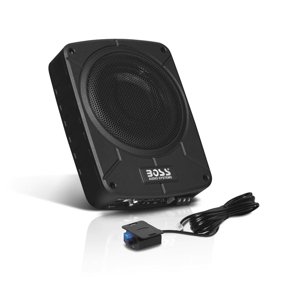 BOSS Audio BAB8 8-inch subwoofer front view with built-in amp saving space in your car.