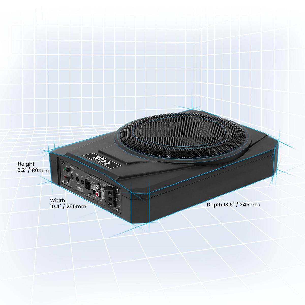 BOSS Audio Systems BASS10 high and low-level inputs support factory or aftermarket radios.