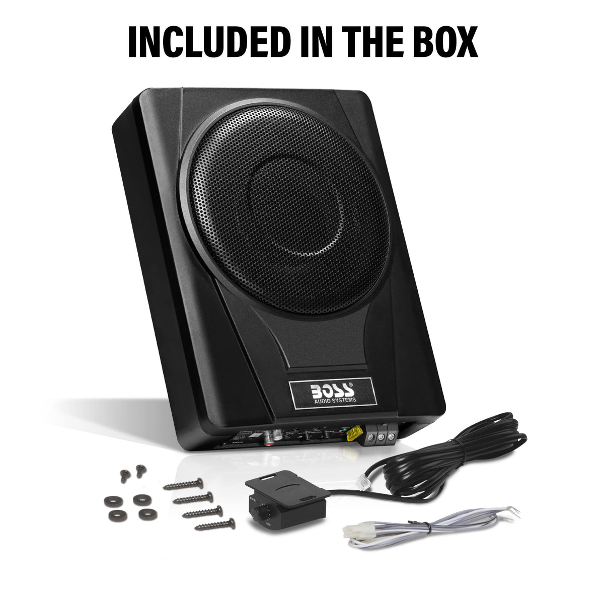 Product dimensions and mounting area for under-seat install of BASS8.