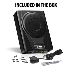 Product dimensions and mounting area for under-seat install of BASS8.
