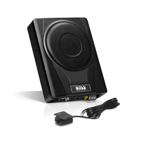 BASS8 under-seat subwoofer front view with built-in amplifier for compact space.