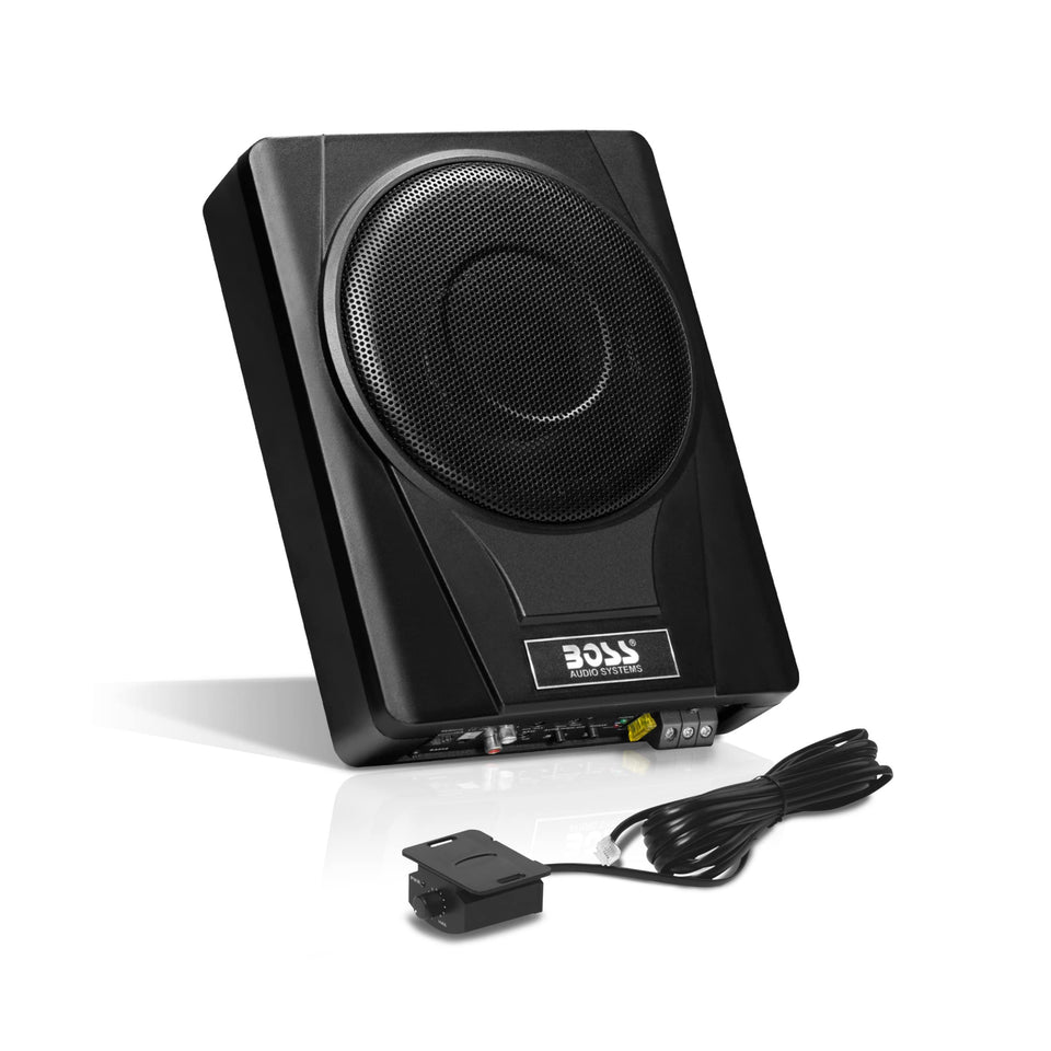 BASS8 under-seat subwoofer front view with built-in amplifier for compact space.