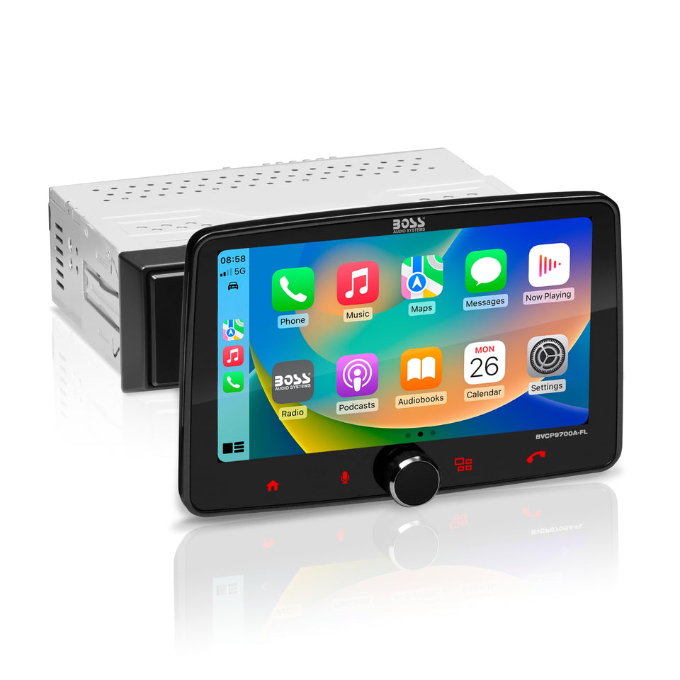 BOSS BVCP9700A-FL 7-inch touchscreen offers quick Apple CarPlay access for safer on-the-go navigation.