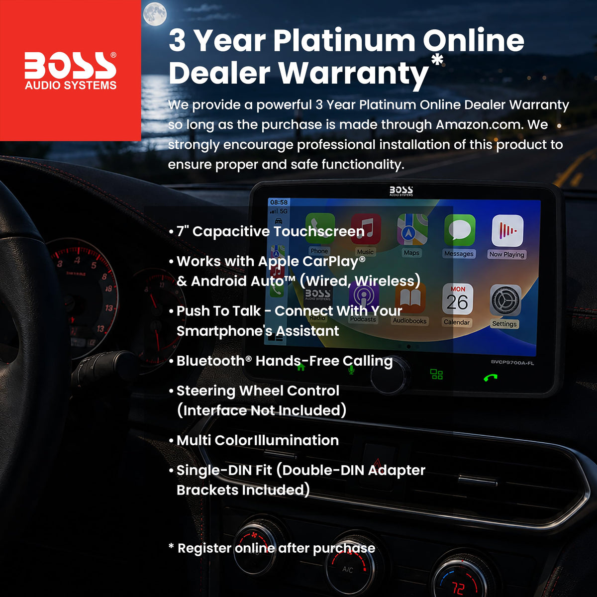 BOSS BVCP9700A-FL Apple CarPlay interface enables hands-free calls and music control.