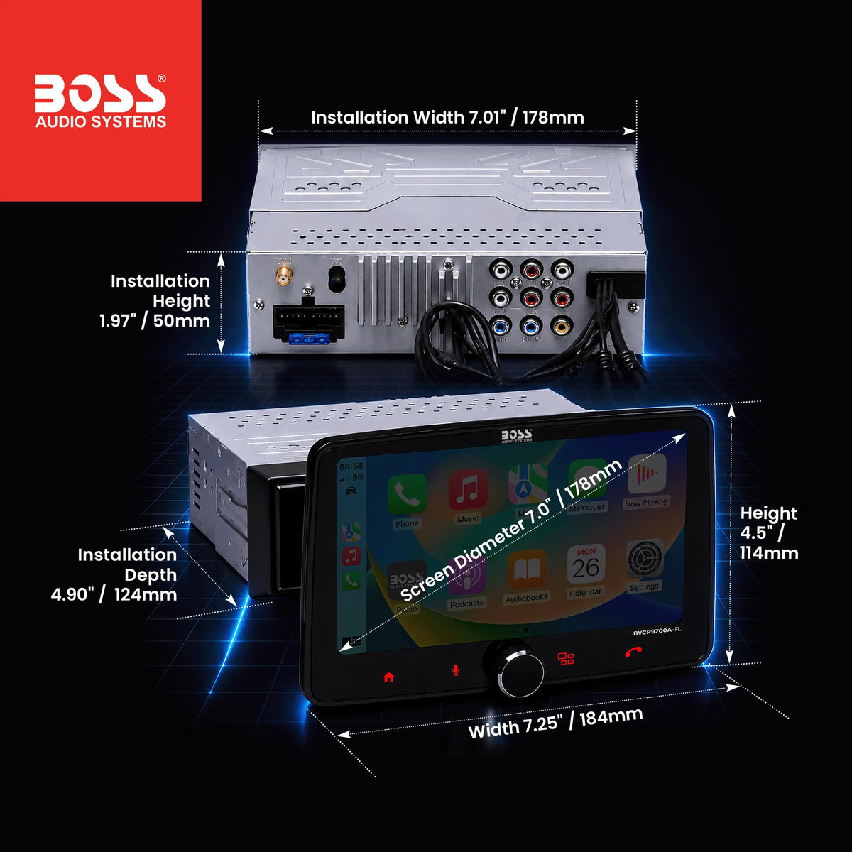 BOSS BVCP9700A-FL front/rear camera inputs enhance parking awareness.