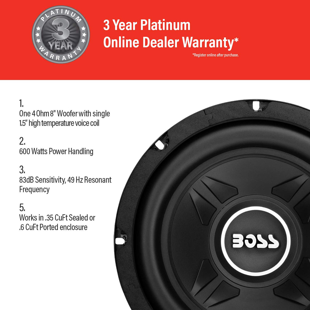 BOSS Audio Systems CXX8 polypropylene cone detail showing resilience and clarity