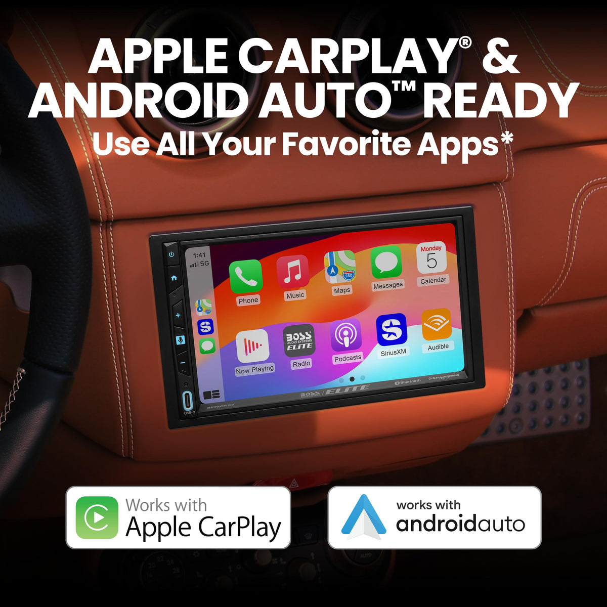 BOSS Elite BE7ACP.WX 7-inch touchscreen showcasing wireless CarPlay for hands-free use.