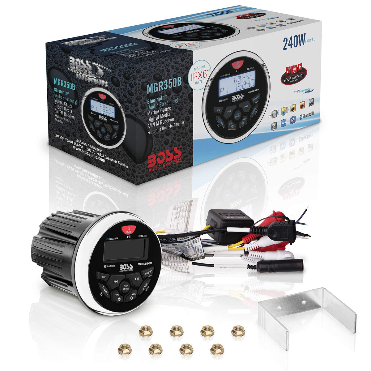 BOSS Audio Systems MGR350B IPX6-rated waterproof rating guards against splashes.