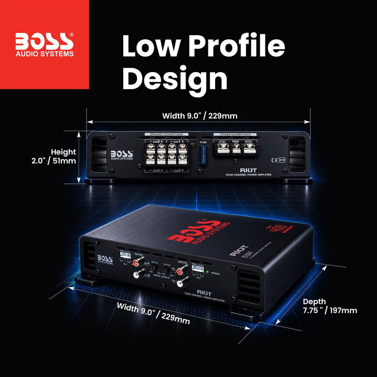 BOSS Audio Systems R1004 mounted in a car trunk demonstrating compact install and space savings