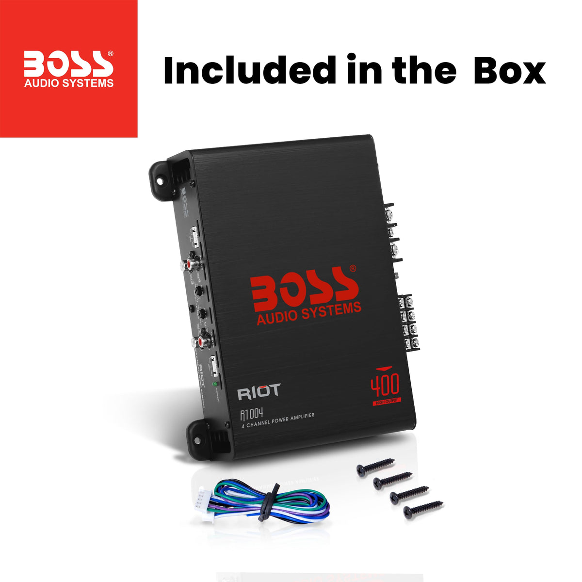 BOSS Audio Systems R1004 next to ruler showing compact dimensions for tight mounting spots