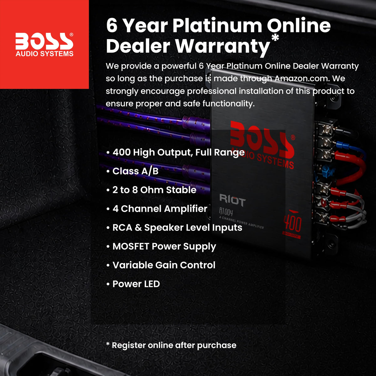 BOSS Audio Systems R1004 close-up of heat sink and components improving heat dissipation