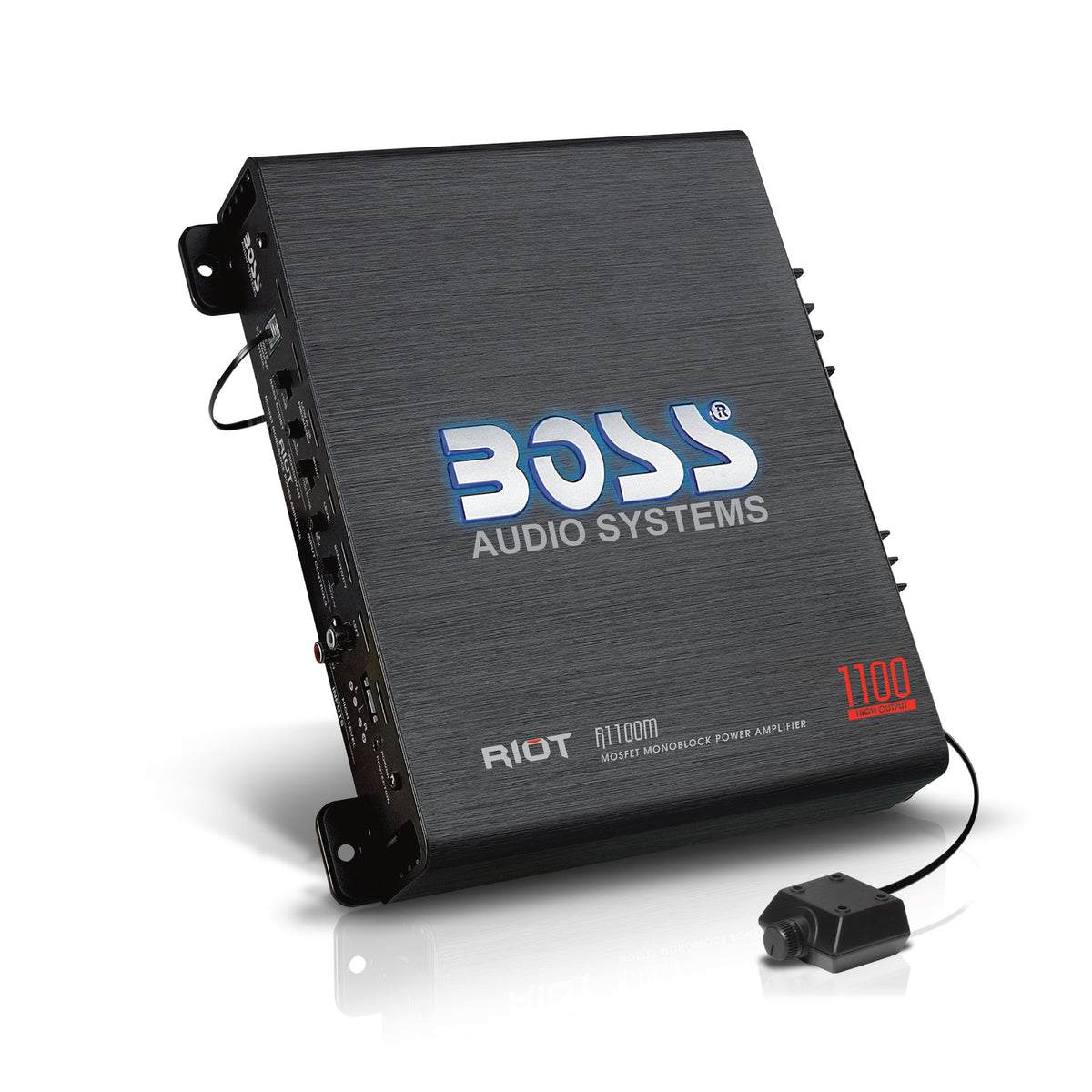 Boss Audio Riot R1100M front view powering a high-output mono amp for boosted bass
