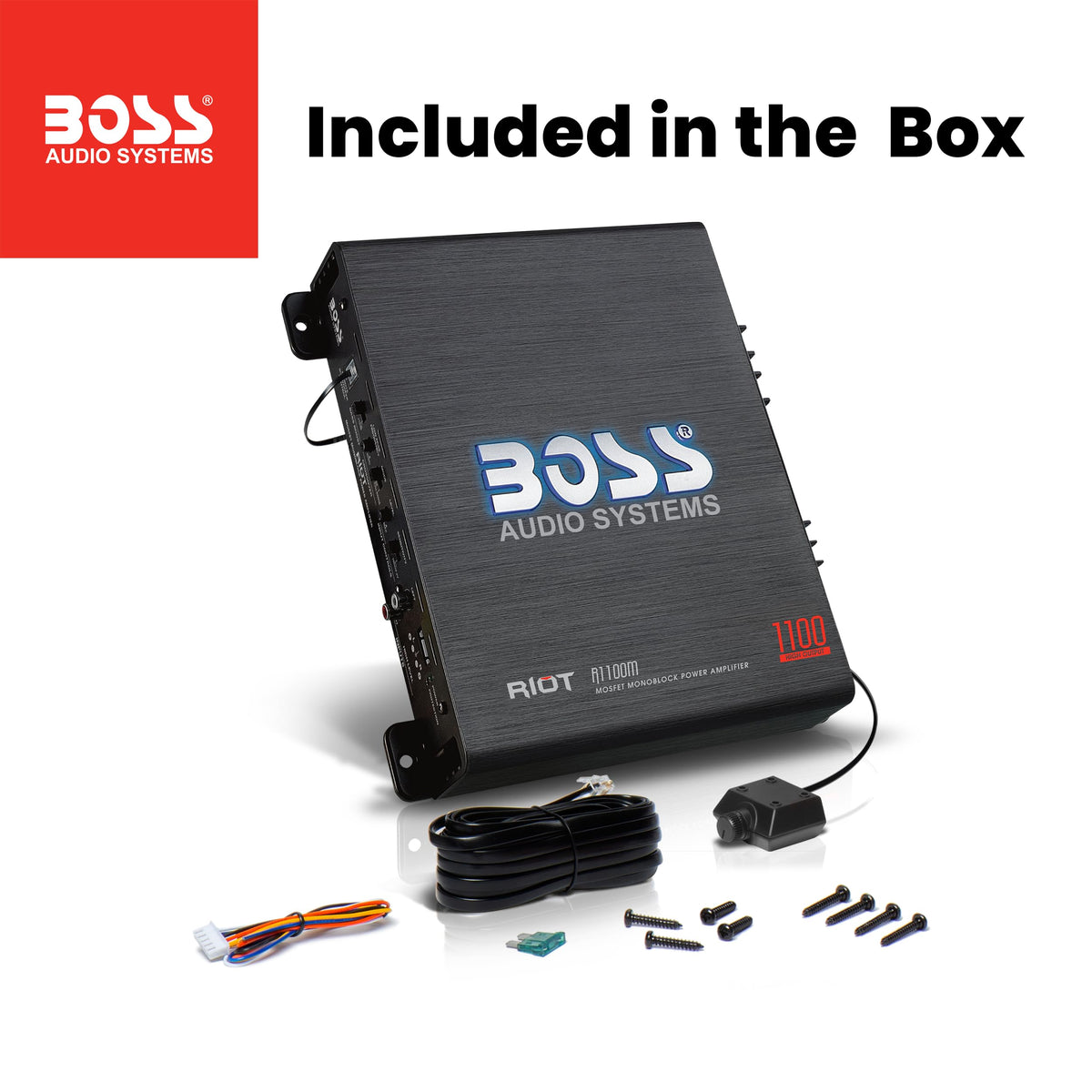 Boss Audio Riot R1100M illuminated logo indicating brand and activity