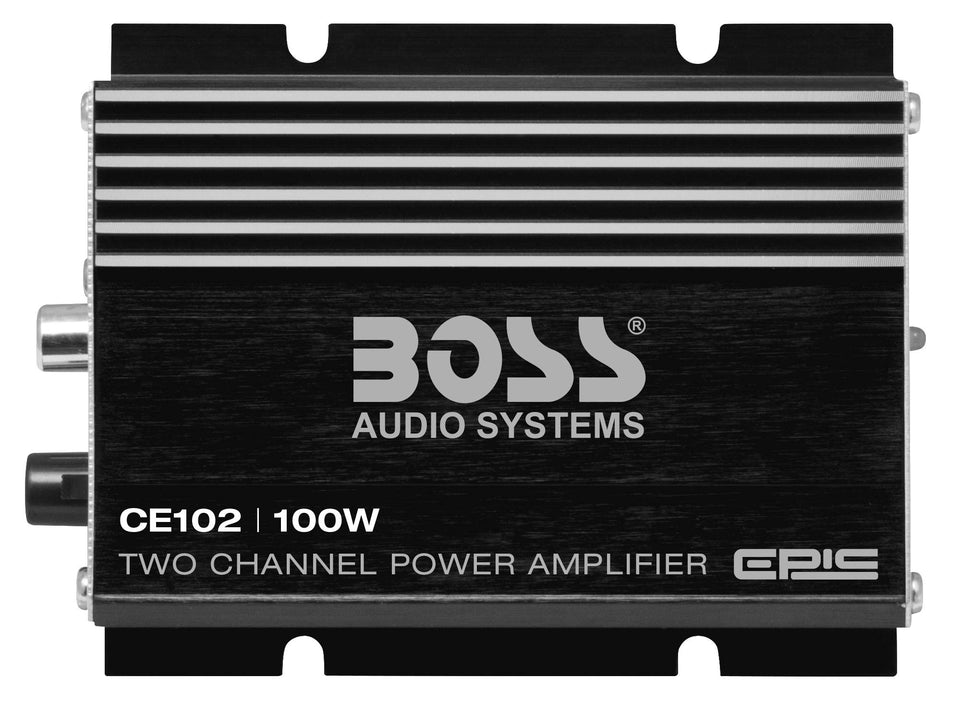Boss CE102 front view, compact amplifier for under-dash installation and clean wiring