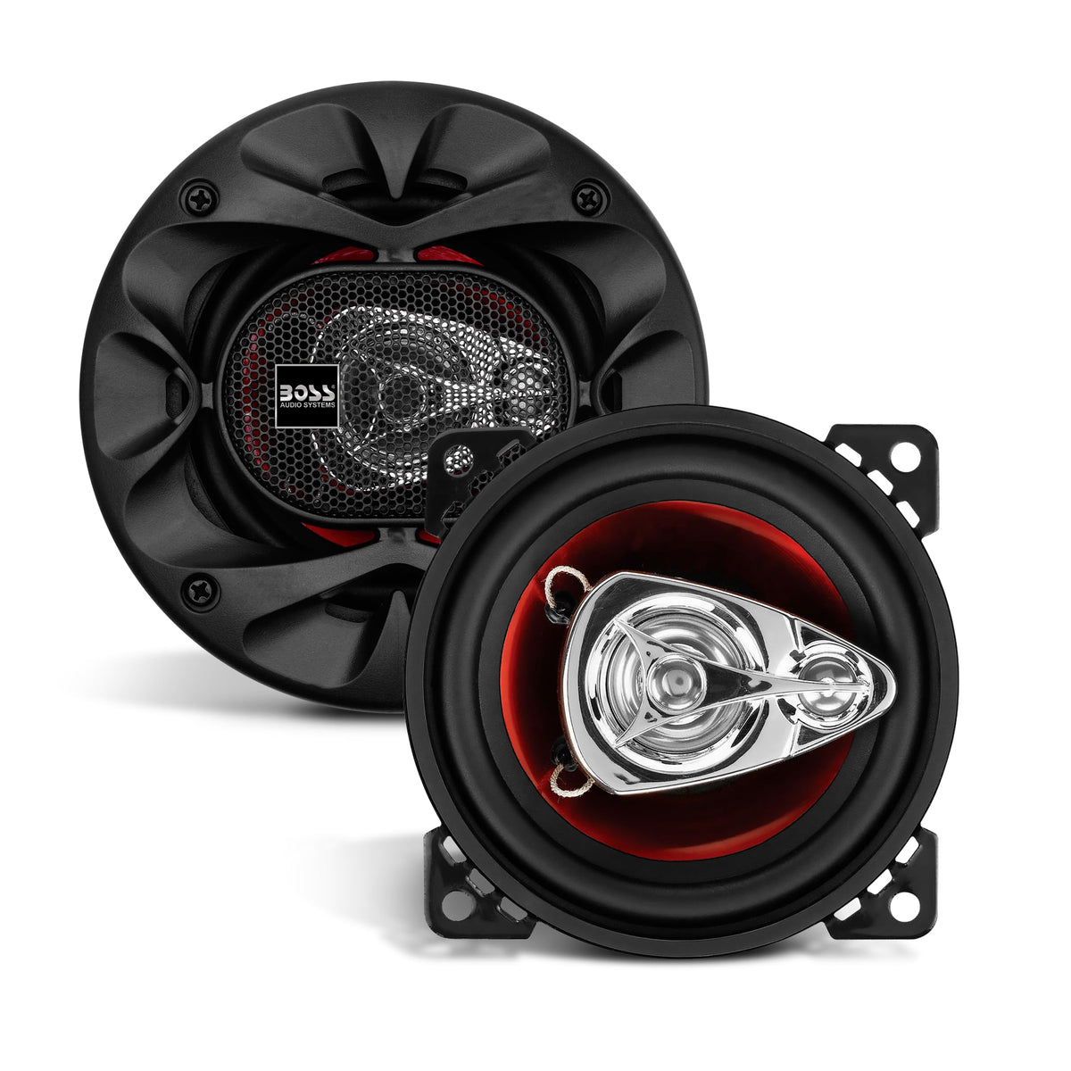 BOSS Audio Systems CH4230 front profile showing speaker design and bold red cone, improving clarity