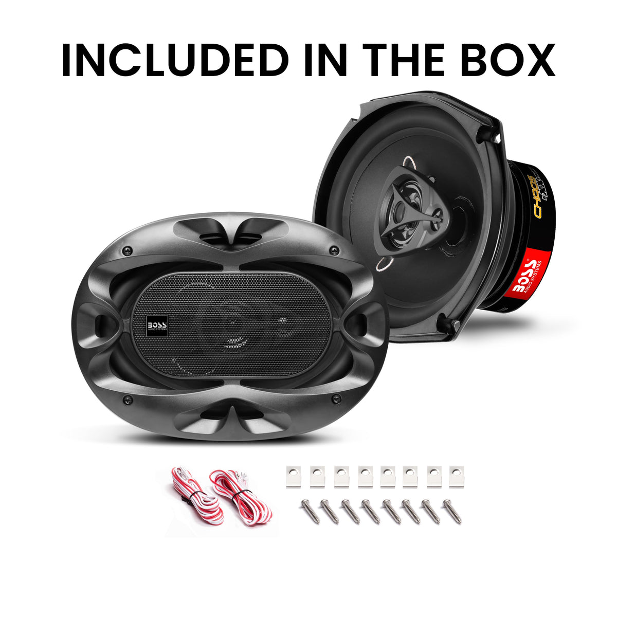 BOSS Audio Systems rear label and terminals highlighting specs and secure connections