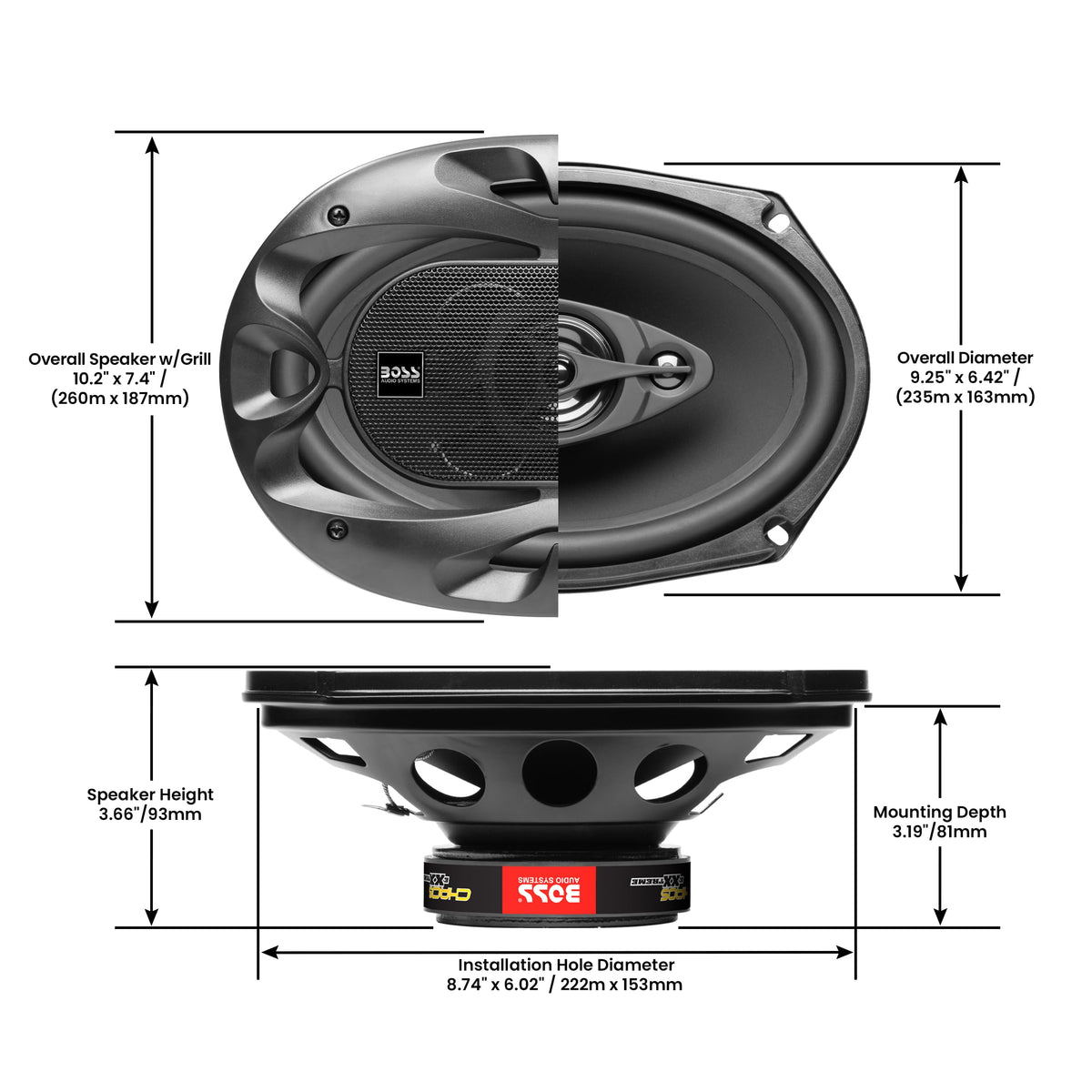 BOSS Audio Systems beside a 6x9 template showing exact size for proper fitment