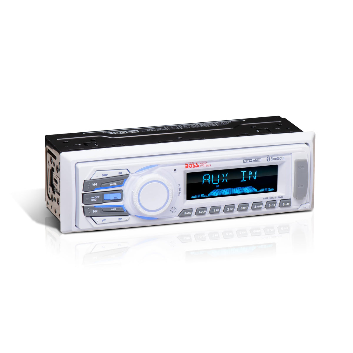 BOSS Audio Systems MR1308UAB front panel showing display and buttons, durable protection