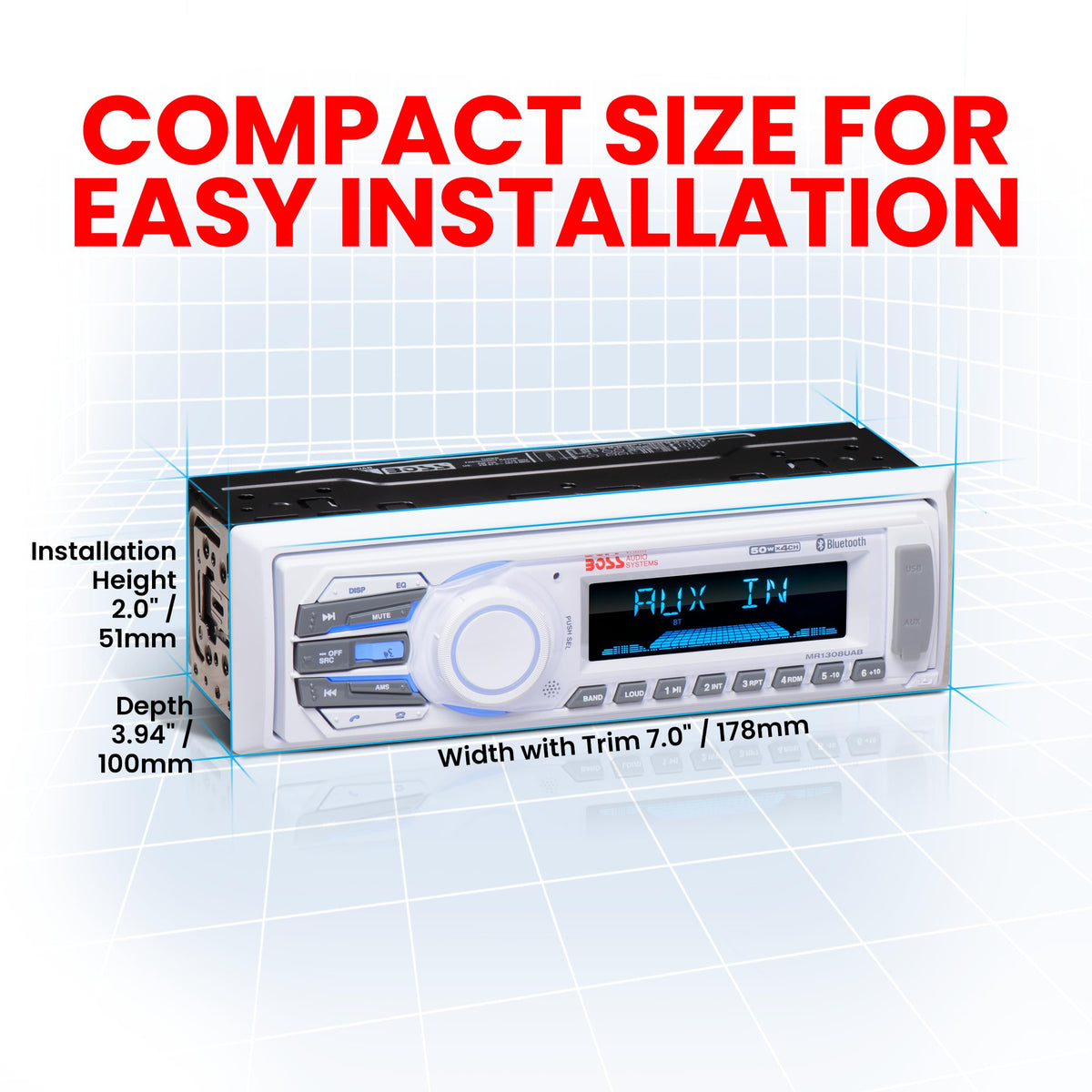 BOSS Audio Systems MR1308UAB mounted on a boat helm, reliable marine audio