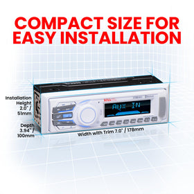 BOSS Audio Systems MR1308UAB mounted on a boat helm, reliable marine audio