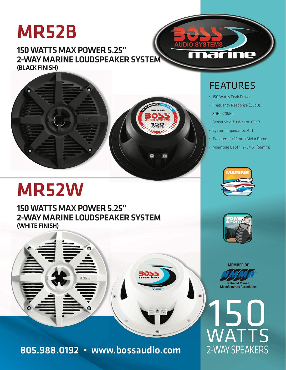 BOSS Audio Systems MR52B size chart and included grille showing compact fit