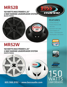 BOSS Audio Systems MR52B size chart and included grille showing compact fit