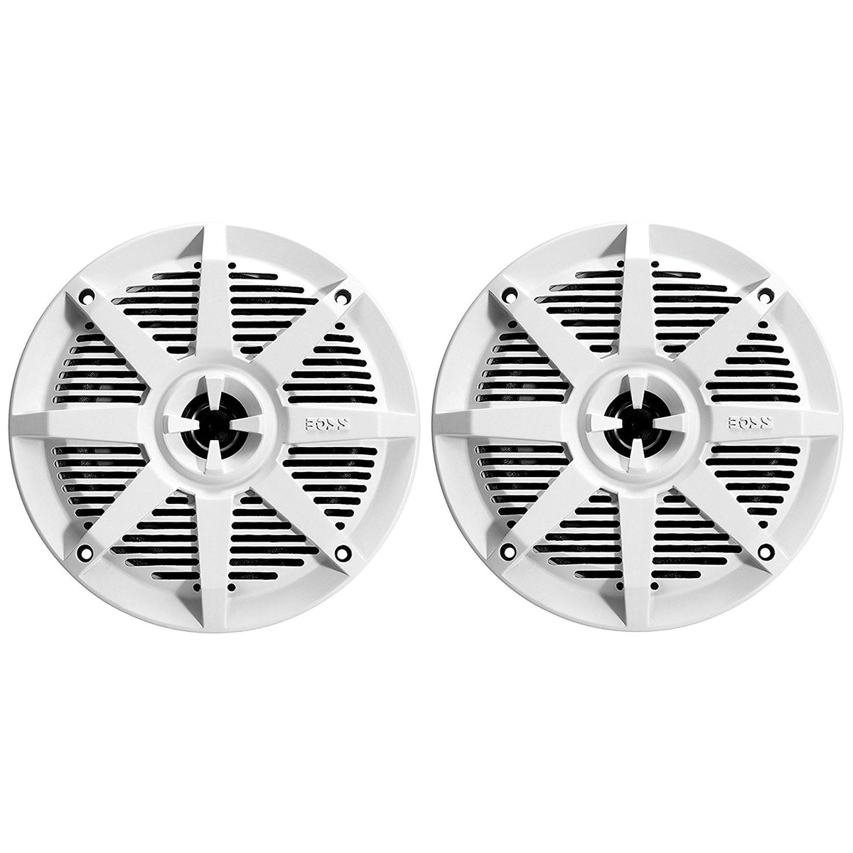BOSS Audio Systems front view showing grille and weatherproof benefit