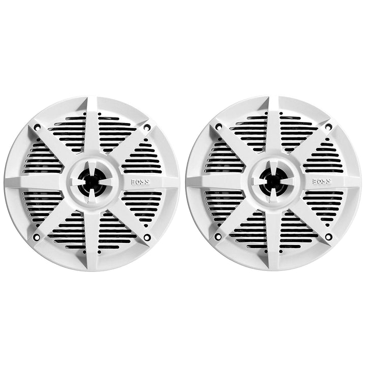 BOSS Audio Systems front view showing grille and weatherproof benefit