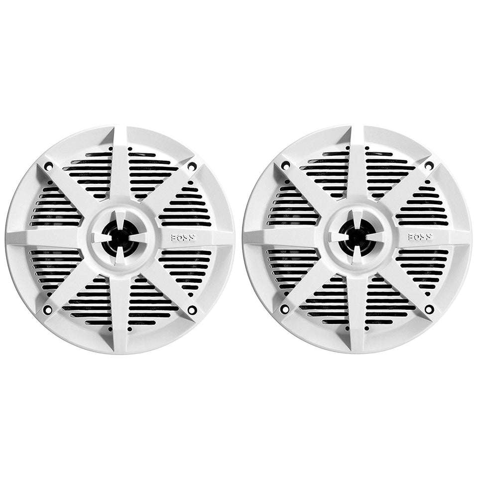 BOSS Audio Systems front view showing grille and weatherproof benefit