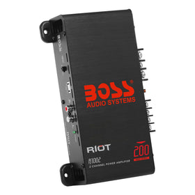 BOSS Audio Systems R1002 front panel view showing terminals and compact layout for easy install