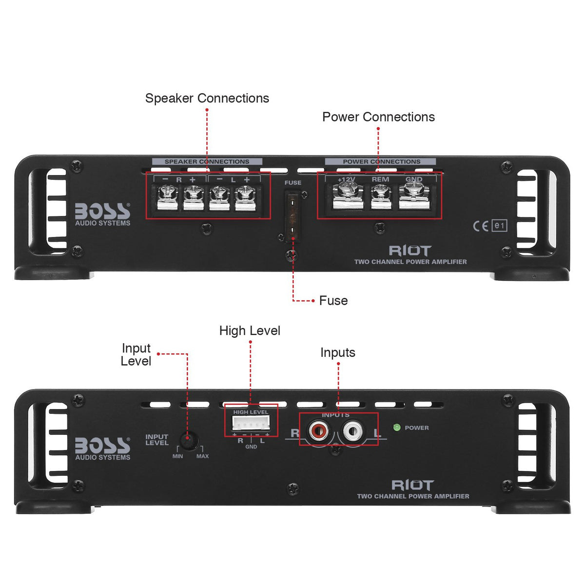 BOSS Audio Systems R1002 wiring connections with RCA and speaker inputs for flexible hookup