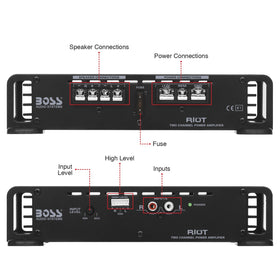 BOSS Audio Systems R1002 wiring connections with RCA and speaker inputs for flexible hookup