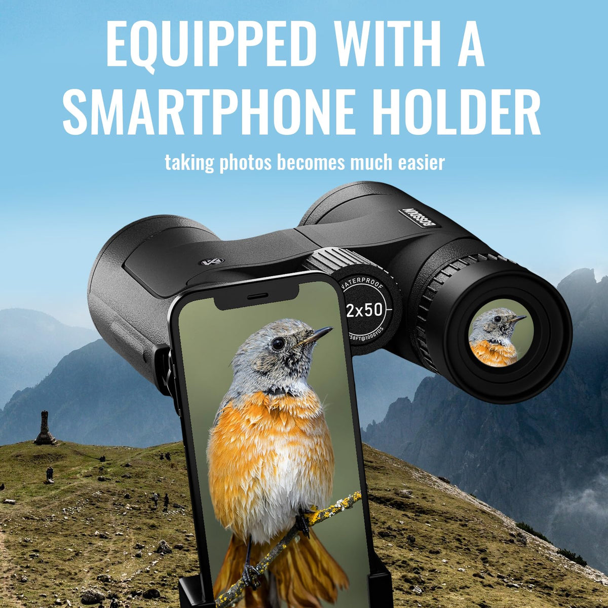 BOSSDUN 12x50 HD binoculars with phone adapter setup for quick photos.