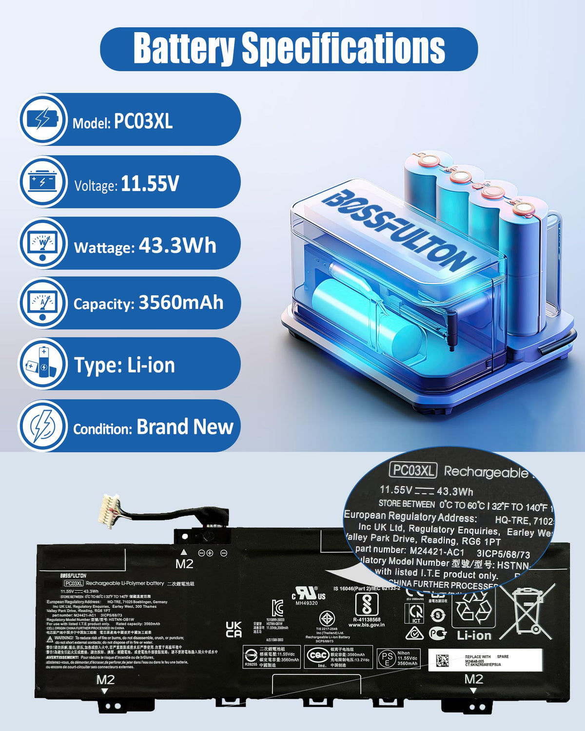 bossfulton battery top label closeup showing voltage and certifications for safety