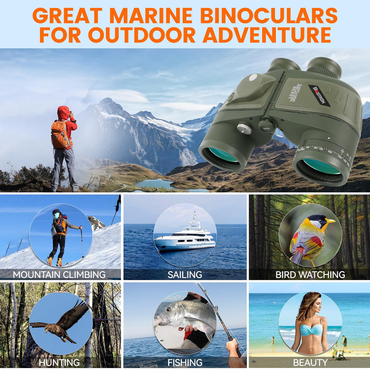 BOSTRON 10x50 binoculars offering a wide field of view for sailing and birding.