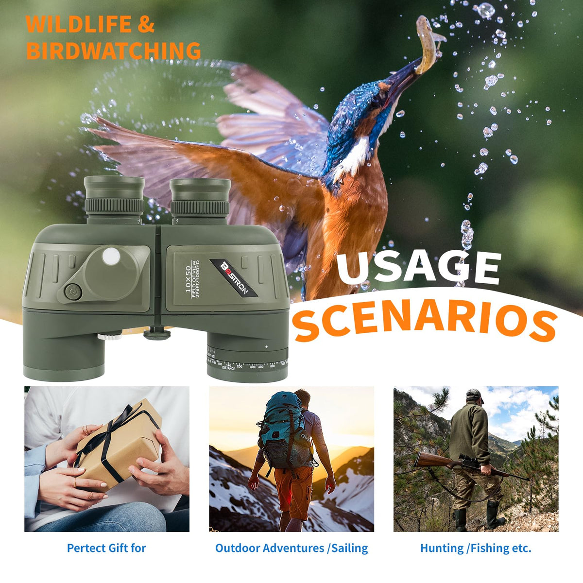 BOSTRON binoculars include a protective bag and harness strap for transport.