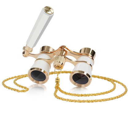 BOSTRON front view showing elegant white opera glasses and benefits of portability
