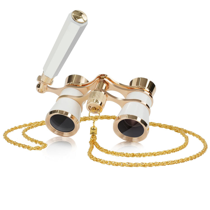 BOSTRON front view showing elegant white opera glasses and benefits of portability