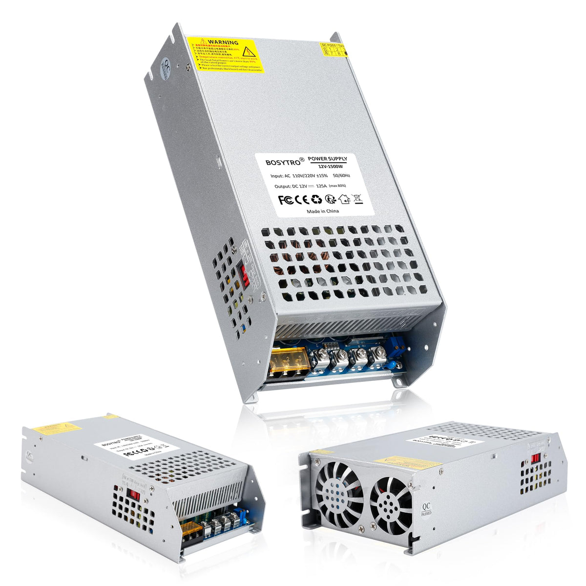 BOSYTRO 12V 125A 1500W PSU front view highlighting rugged aluminium housing for efficient cooling