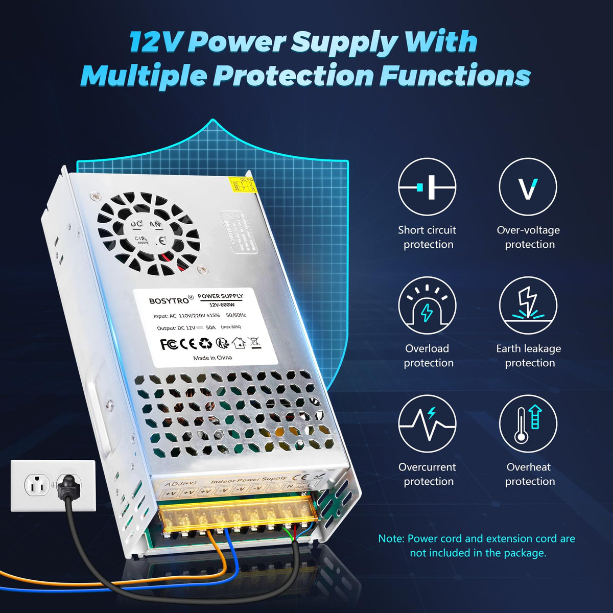 Bosytro 12V 50A 600W SMPS aluminum enclosure for durability and corrosion resistance.