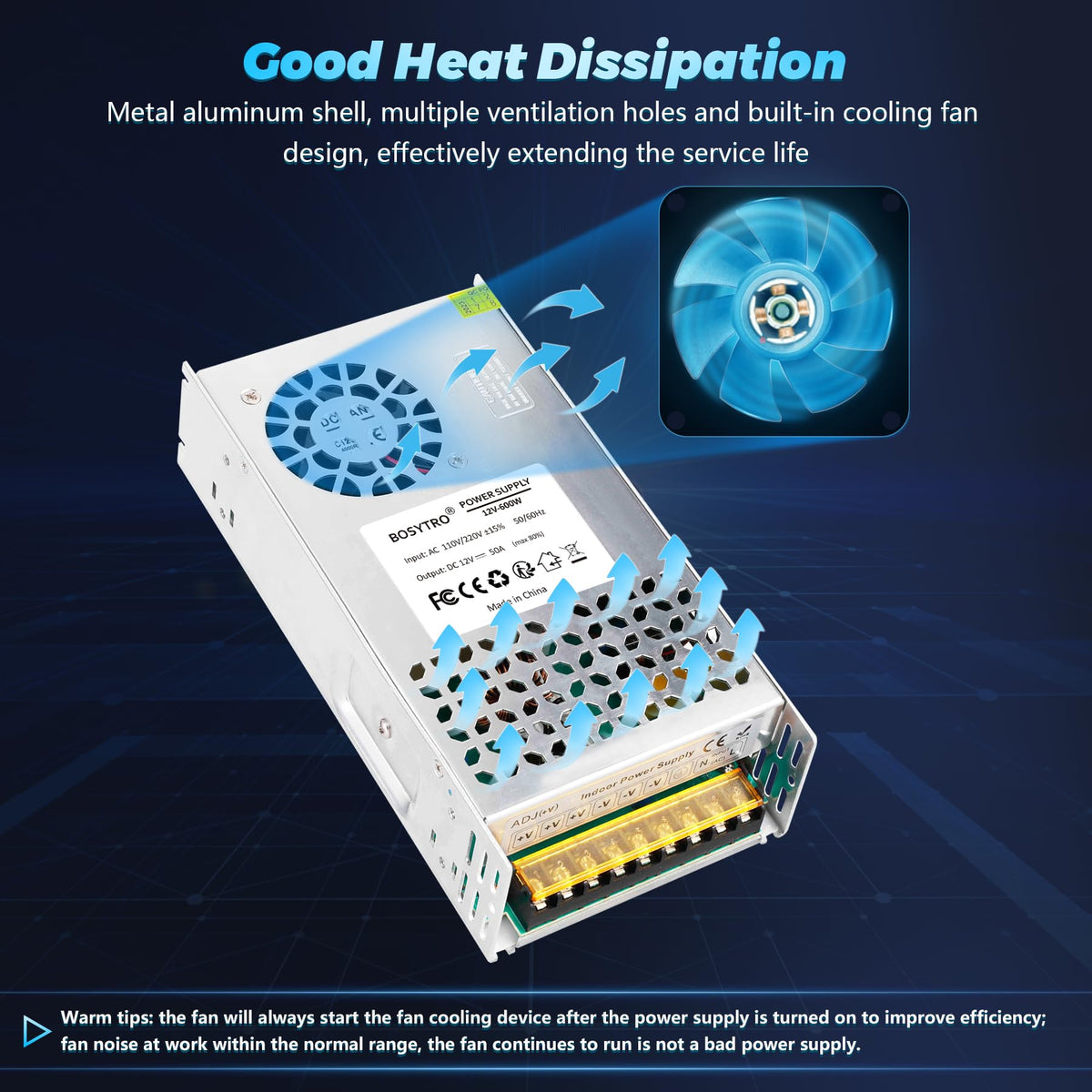 Bosytro 12V 50A 600W SMPS ventilation holes support heat dissipation during use.
