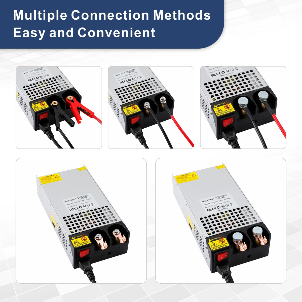 Bosytro 12V power supply nickel-terminal clamps simplify secure connections