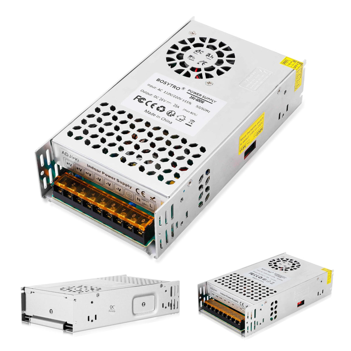 BOSYTRO 24V power supply front view powering CCTV and 3D printers reliably.