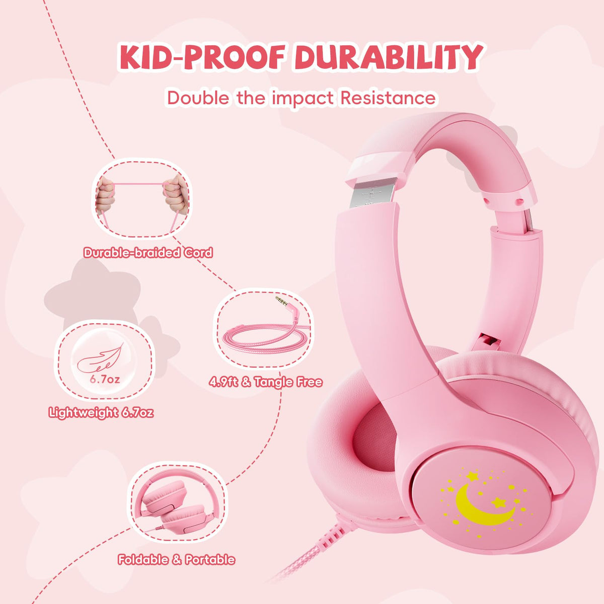 Botesty Sound pink headphones with adjustable headband for growing kids