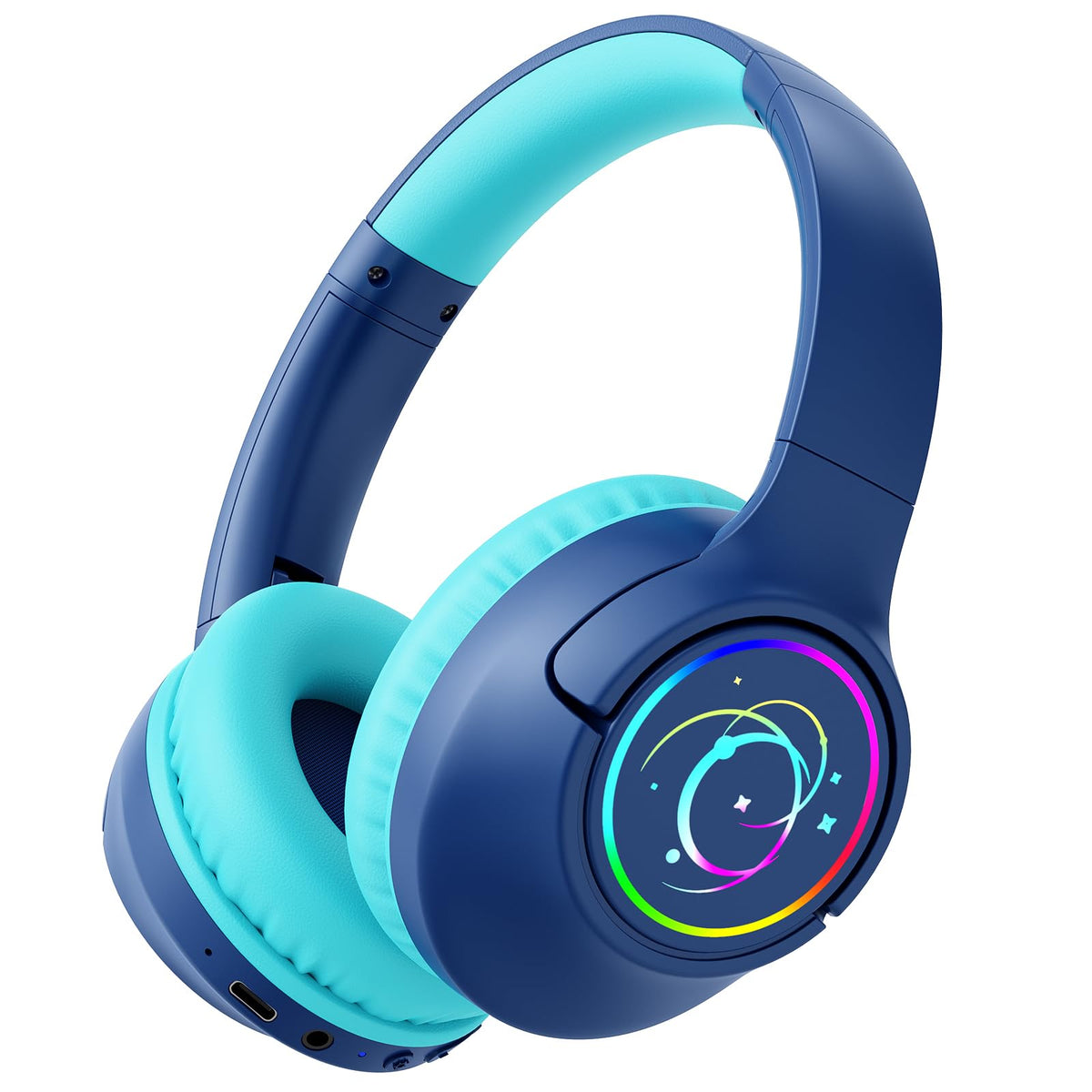 Botesty Sound Kids headphones navy blue front view with LED lights for fun listening