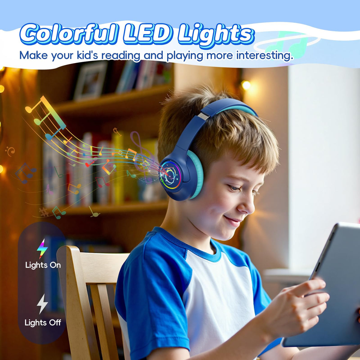Botesty Sound navy blue headphones with LED lights in action for kids